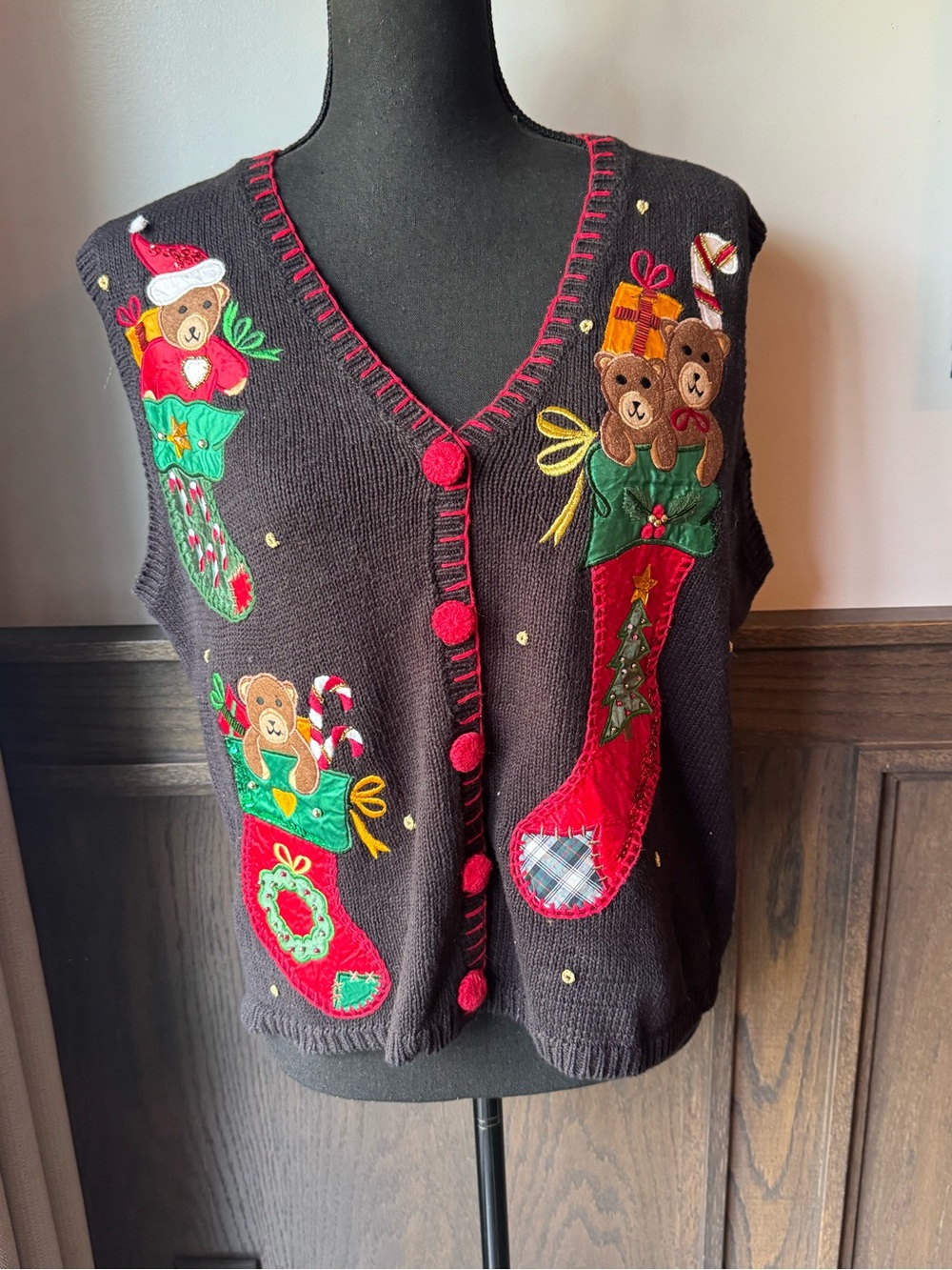 Nutcracker Festive Black Christmas Stocking Embroidered Sweater Vest medium